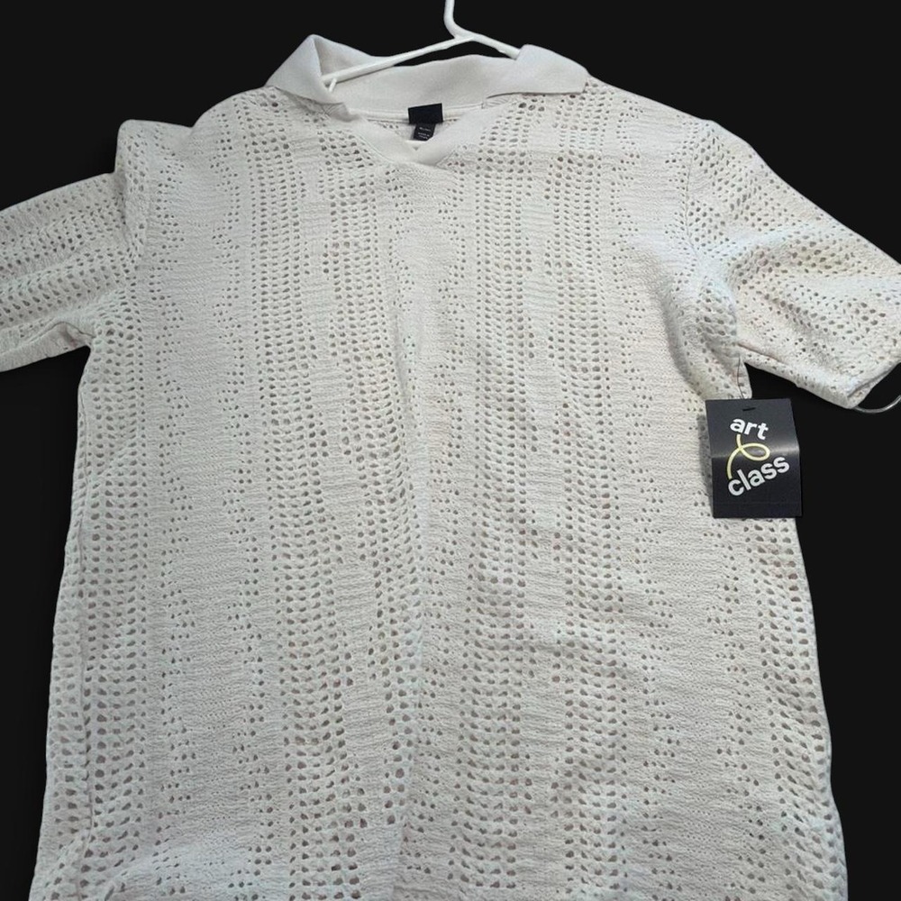 Art Class Polo Shirt Mens XL White NEW Textured Knit Crochet Short Sleeve Top